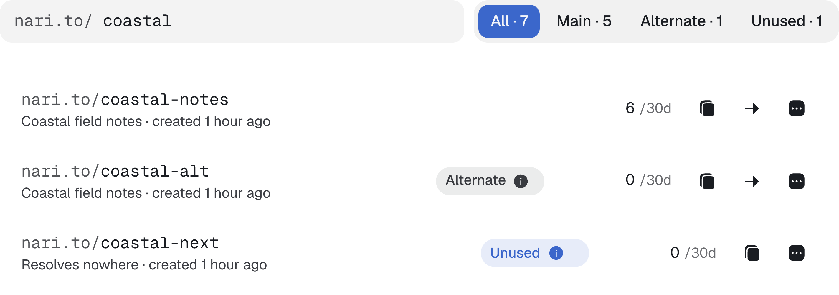 Manage persistent nari.to addresses and choose which item an alternate short link opens.