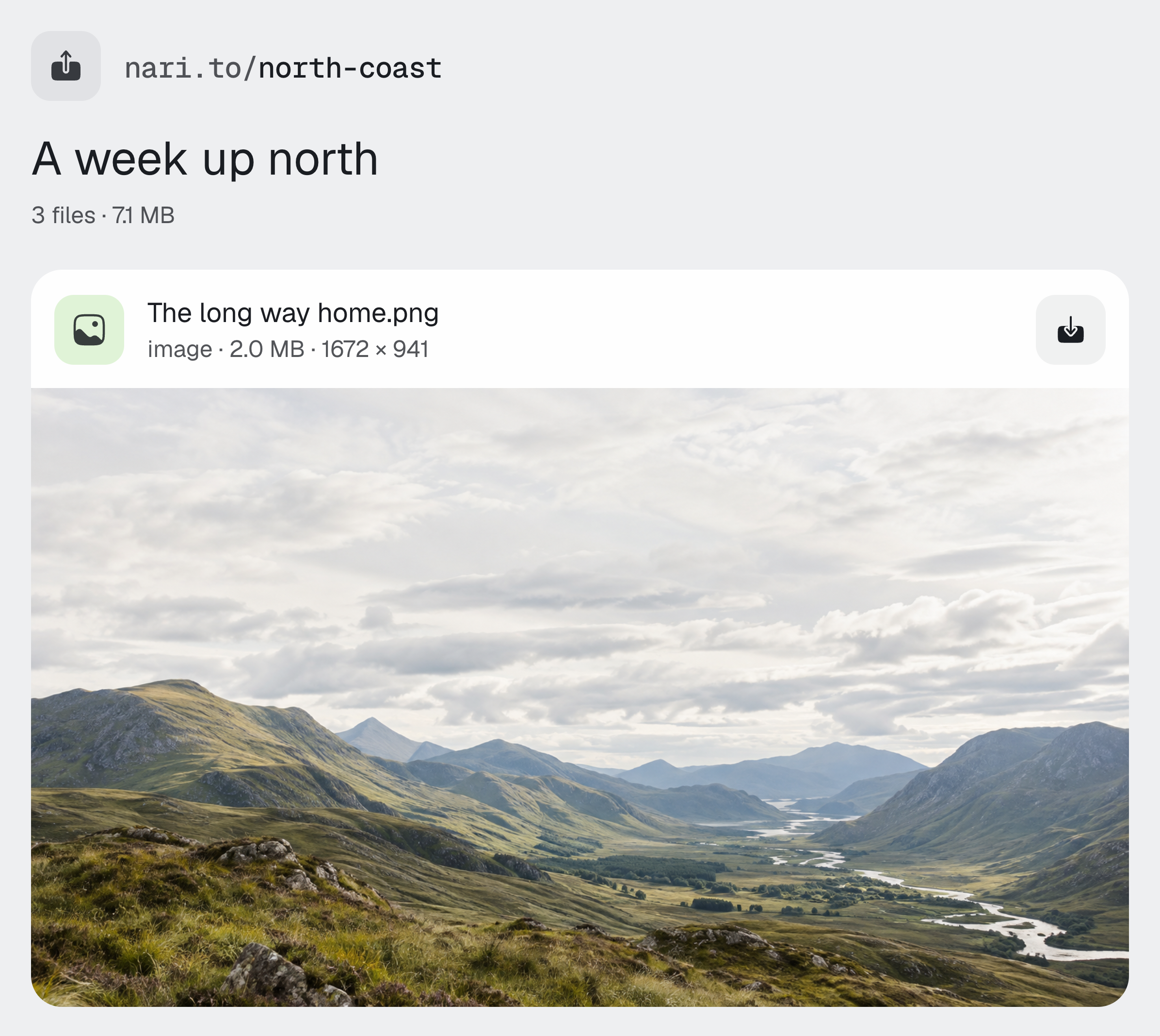 A shared page for three original landscape photographs, with a large image preview and download control.